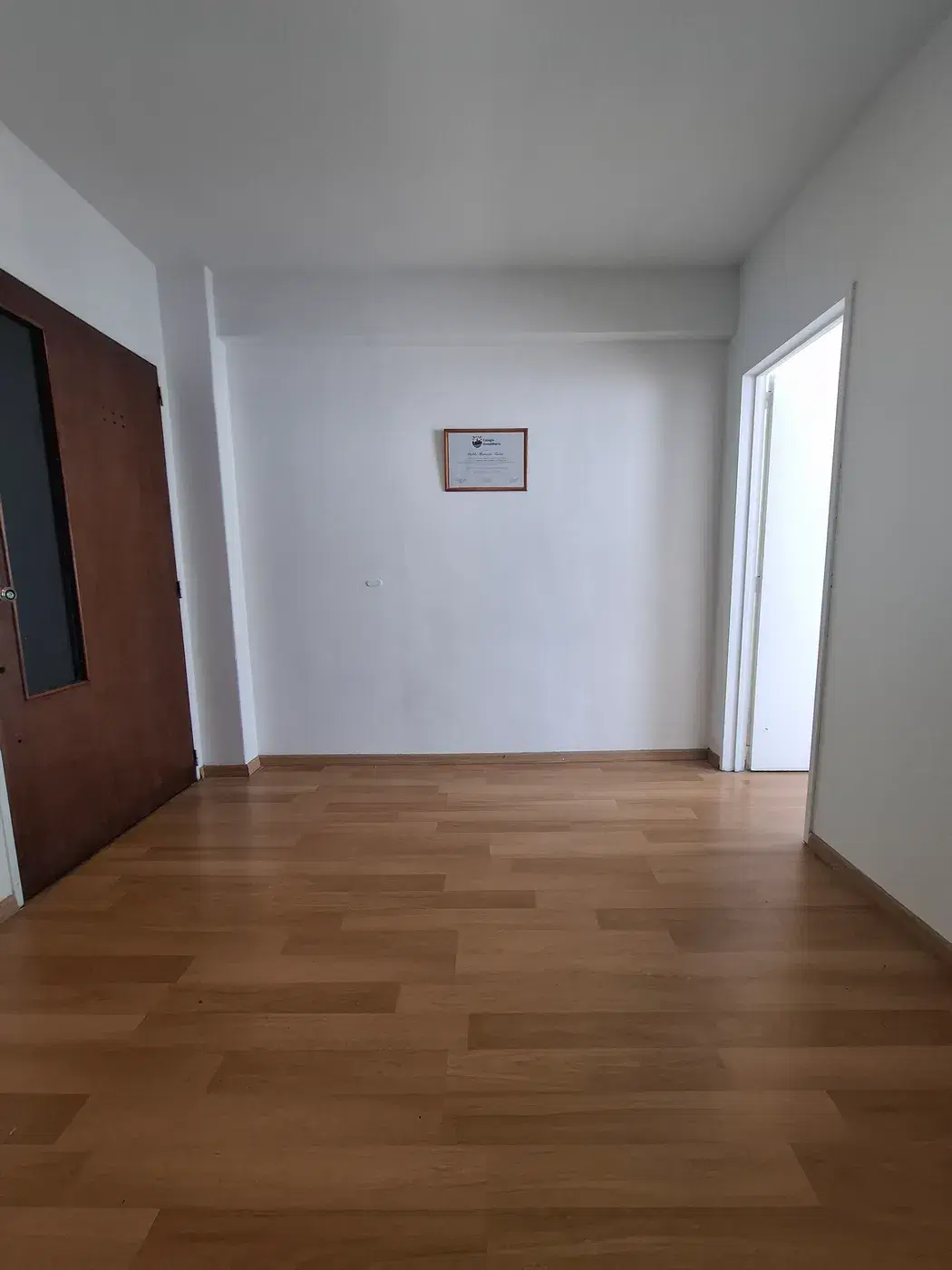 Acceso interior con puerta y piso de madera